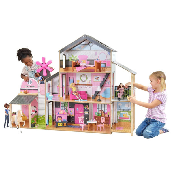 2-in-1 Wooden Playhouse – Barn & Dollhouse with 29 Furniture Pieces for Kids 3+