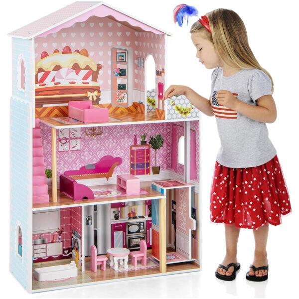 108cm Wooden Dollhouse – 3 Floors with Balcony, Elevator & Furniture