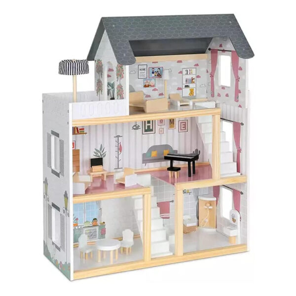 3-Storey Wooden Dollhouse – 81cm Tall with Elevator & Furniture Set