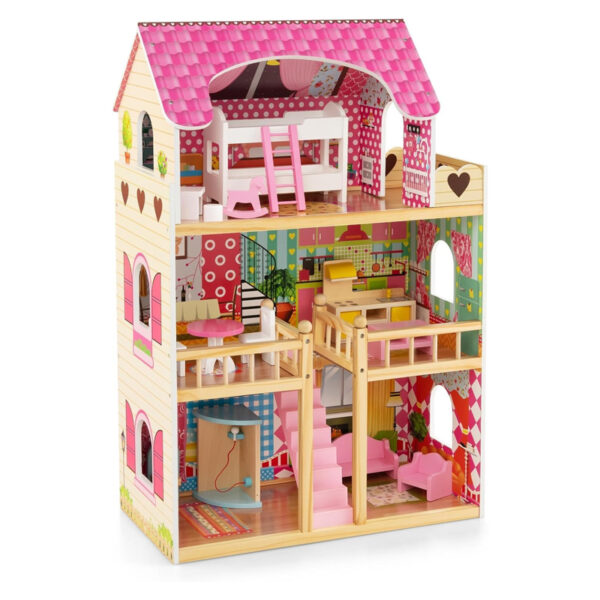 Wooden Dollhouse for Girls – 3 Floors, 6 Rooms & Furniture (23”x12”x36”)