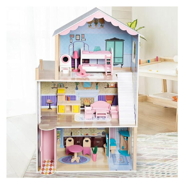 Tall Wooden Dollhouse – 115cm Pink Playhouse with Furniture (Ages 3+)