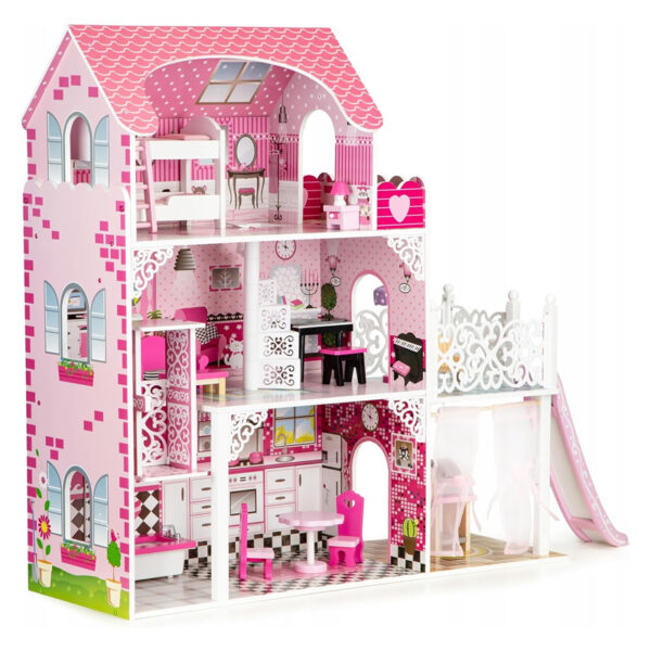 Big Wooden Dollhouse – 90cm Tall, 3 Floors, Elevator & Accessories for Girls